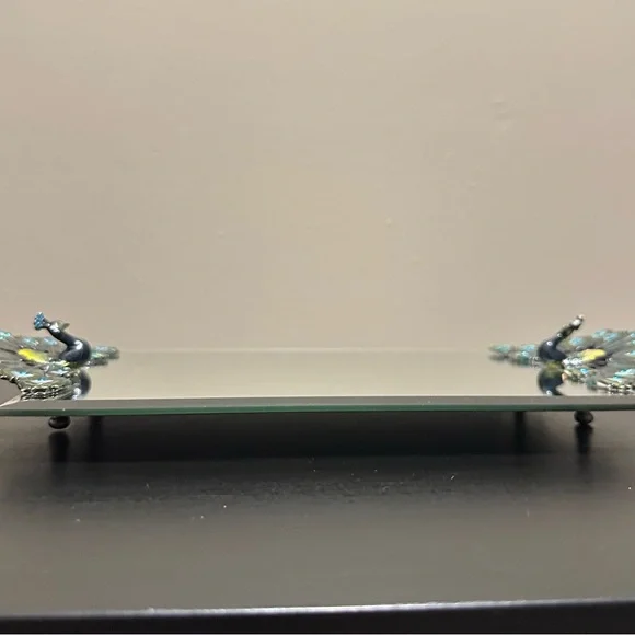 Vintage Enamel Rhinestone Pewter Peacock Mirror Vanity Tray